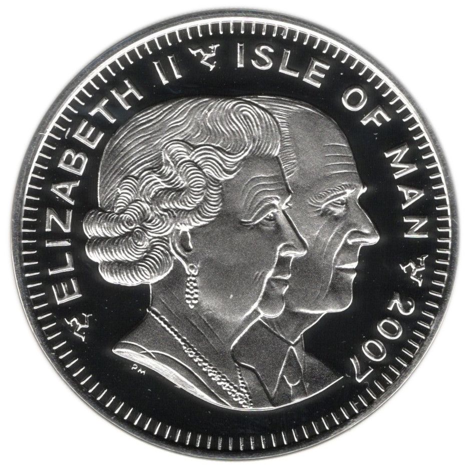 Isle of Man 1 Crown - Elizabeth II Diamond Wedding - Family Portrait; Silver Proof with gold ink obverse