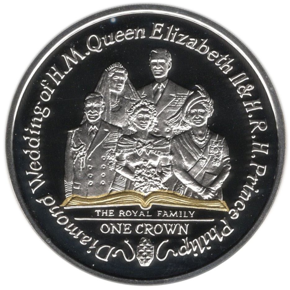 Isle of Man 1 Crown - Elizabeth II Diamond Wedding - Family Portrait; Silver Proof with gold ink