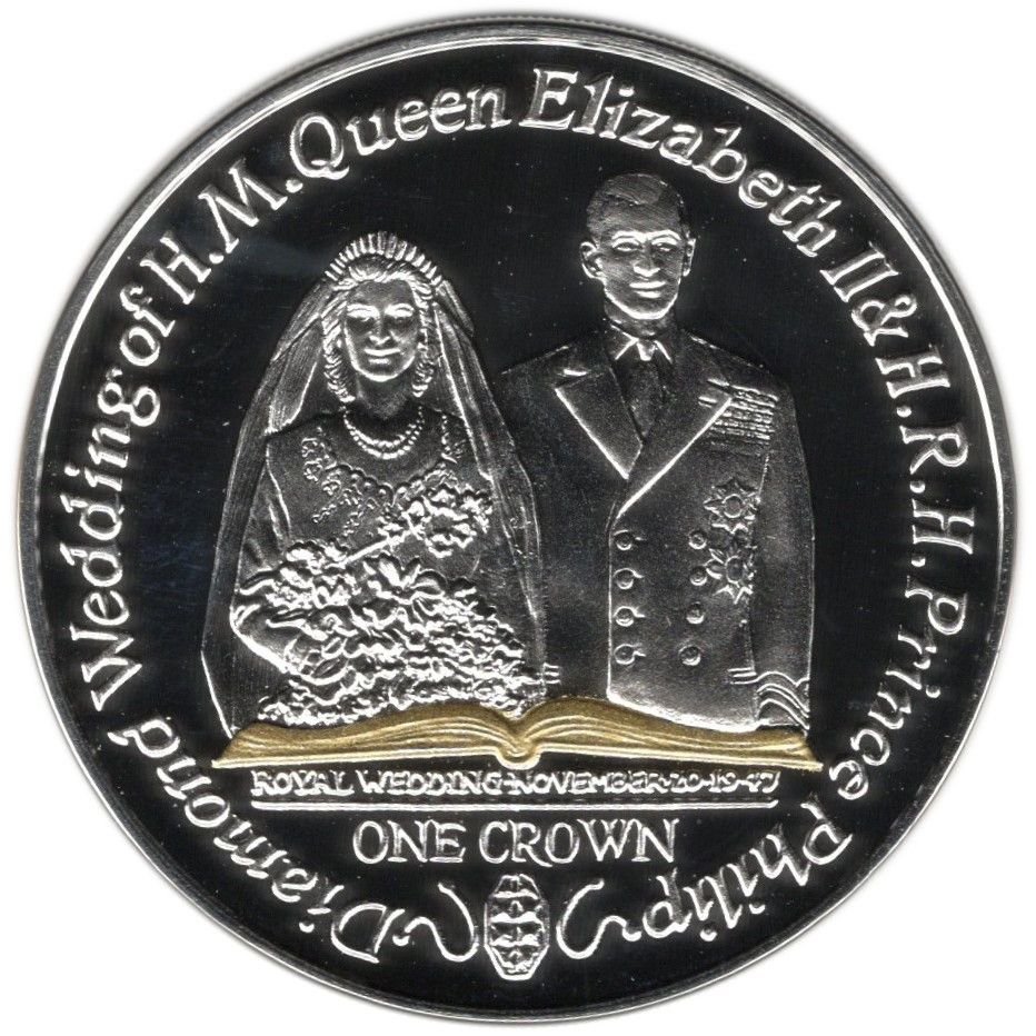 Isle of Man 1 Crown - Elizabeth II Diamond Wedding - Wedding Portrait; Silver Proof with gold ink