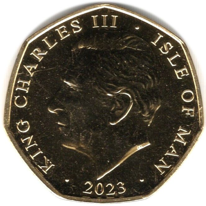Isle of Man 50 Pence - Charles III Anthem - Send Him Victorious; Gold plated obverse