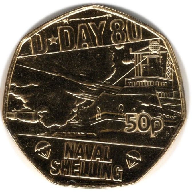 Isle of Man 50 Pence - Charles III D-Day Naval Shelling; Gold plated reverse