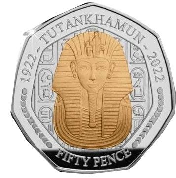 Isle of Man 50 Pence - Charles III Tutankhamun - Death Mask; Silver Proof 1oz reverse