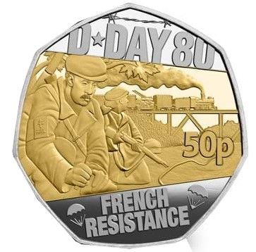 Isle of Man 50 Pence - Charles III D-Day French Resistance; Silver Proof gilded