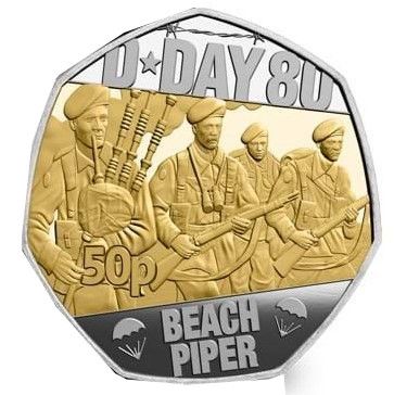 Isle of Man 50 Pence - Charles III D-Day Beach Piper; Silver Proof gilded obverse