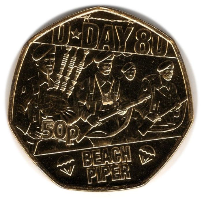 Isle of Man 50 Pence - Charles III D-Day Beach Piper; Gold plated