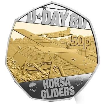 Isle of Man 50 Pence - Charles III D-Day Horsa Gliders; Silver Proof gilded reverse