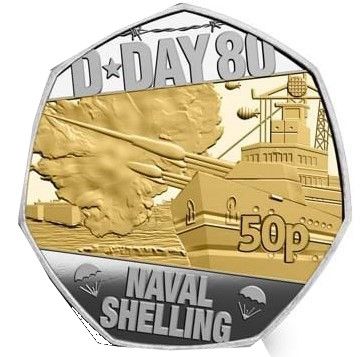 Isle of Man 50 Pence - Charles III D-Day Naval Shelling; Silver Proof gilded reverse