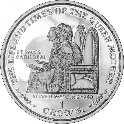 Isle of Man 1 Crown - Elizabeth II Queen Mother - Silver Wedding Anniversary; Silver Proof reverse