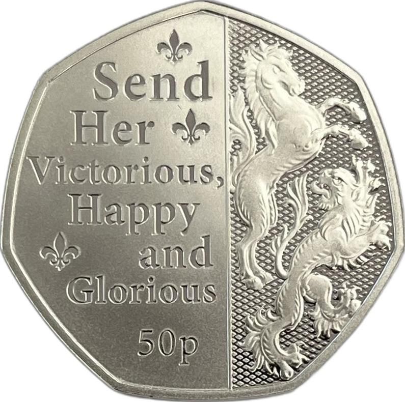Isle of Man 50 Pence - Elizabeth II Platinum Jubilee - Send Her Victorious; Silver Proof reverse