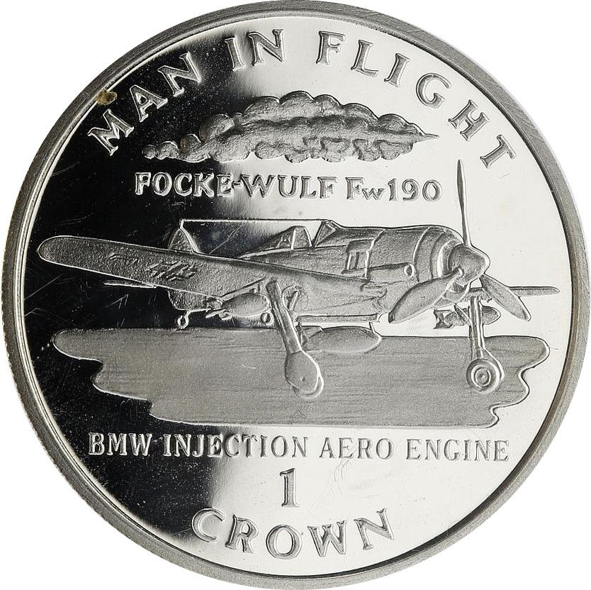 Isle of Man 1 Crown - Elizabeth II Focke Wulf 190 - injection; Silver Proof reverse