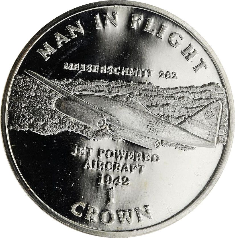 Isle of Man 1 Crown - Elizabeth II Messerschmitt Me-262; Silver Proof reverse