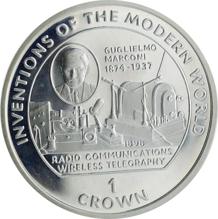 Isle of Man 1 Crown - Elizabeth II Marconi - Wireless Telegraphy; Silver Proof reverse