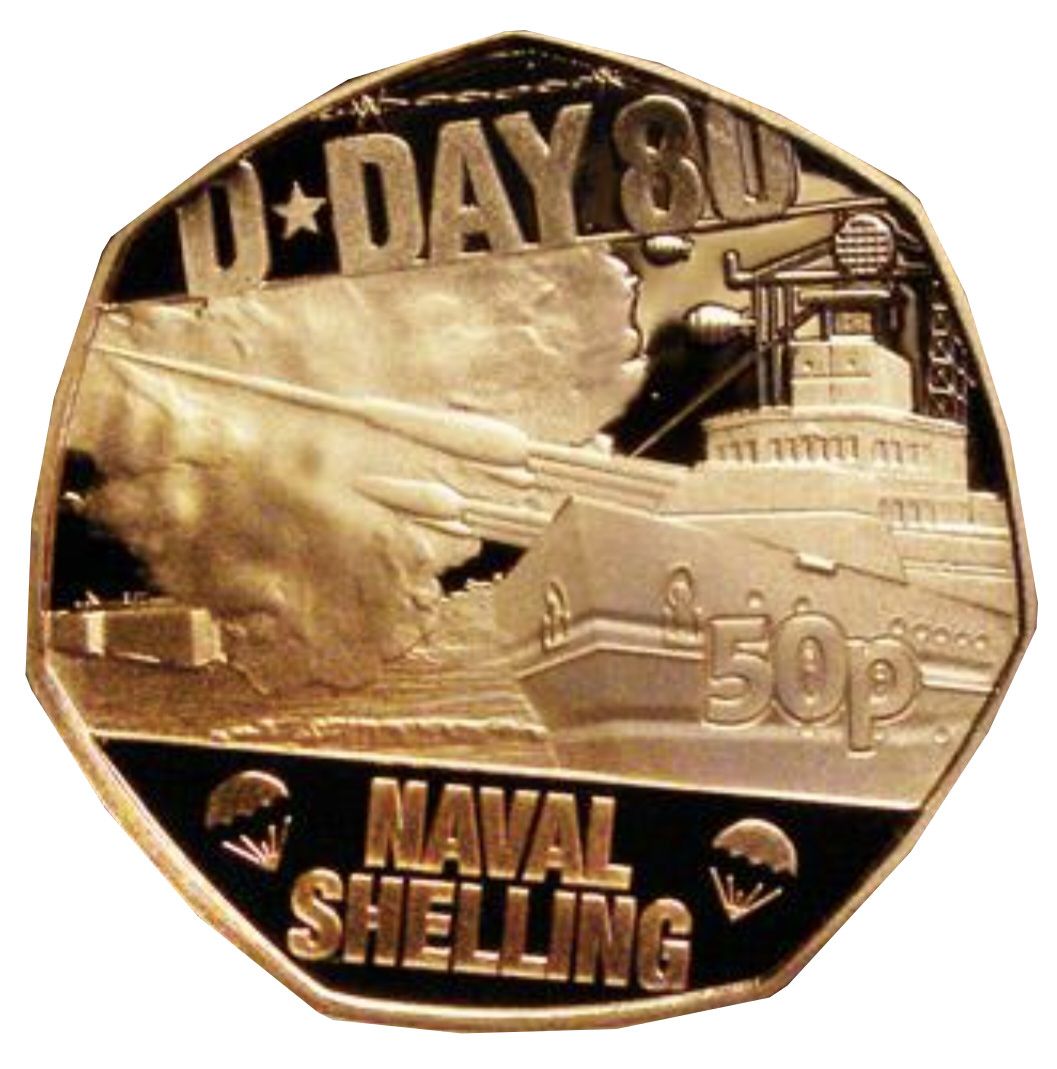 Isle of Man 50 Pence - Charles III D-Day Naval Shelling; Gold Proof reverse