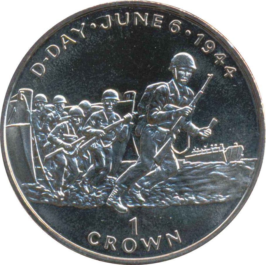 Isle of Man 1 Crown - Elizabeth II D-Day - American troops landing