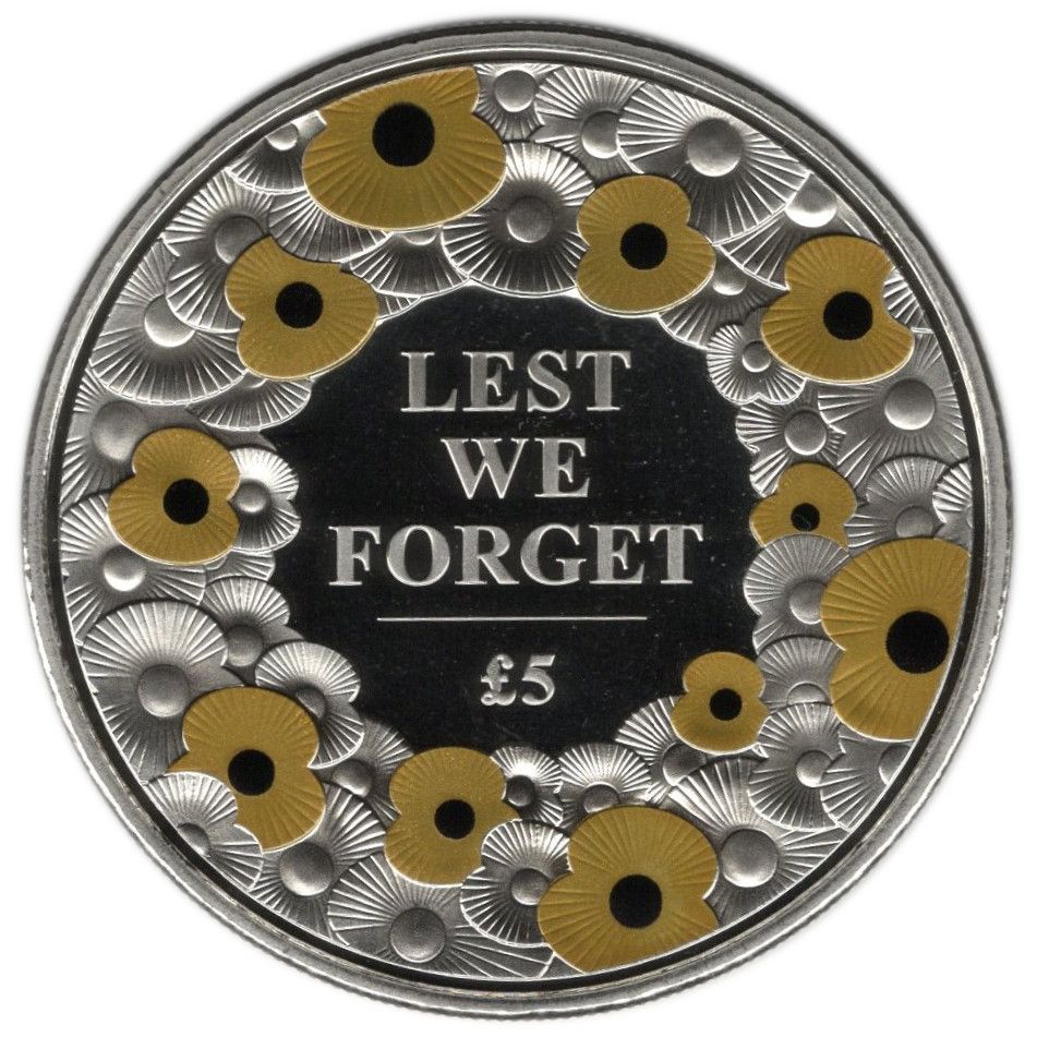 Jersey 5 Pounds - Elizabeth II Remembrance Day 2015; Proof with gold printed poppies reverse