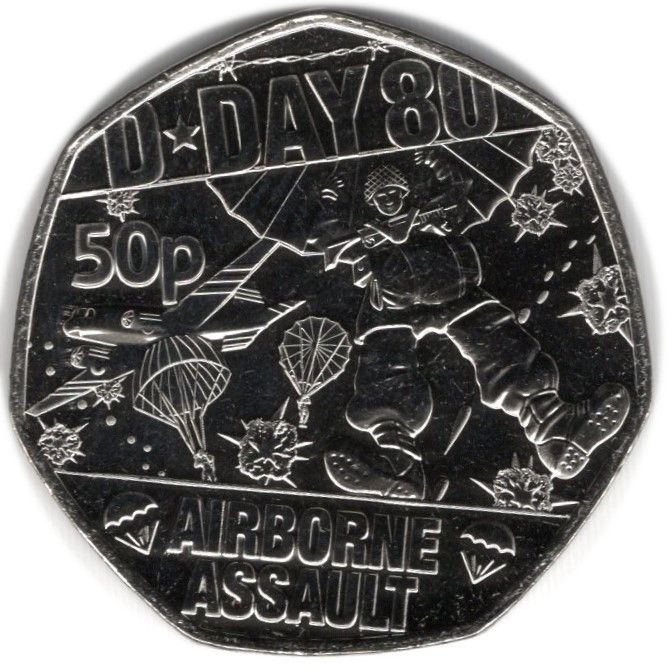 Guernsey 50 Pence - Charles III D-Day - Airborne Assault reverse
