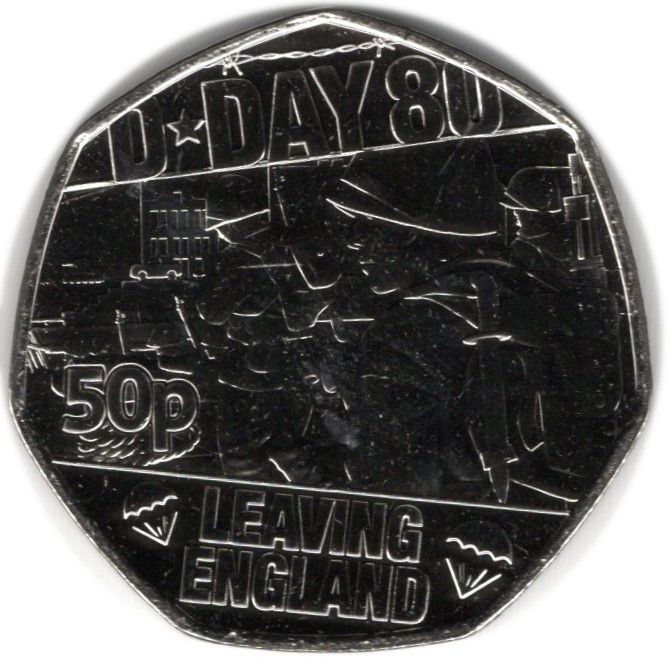 Guernsey 50 Pence - Charles III D-Day - Leaving England reverse