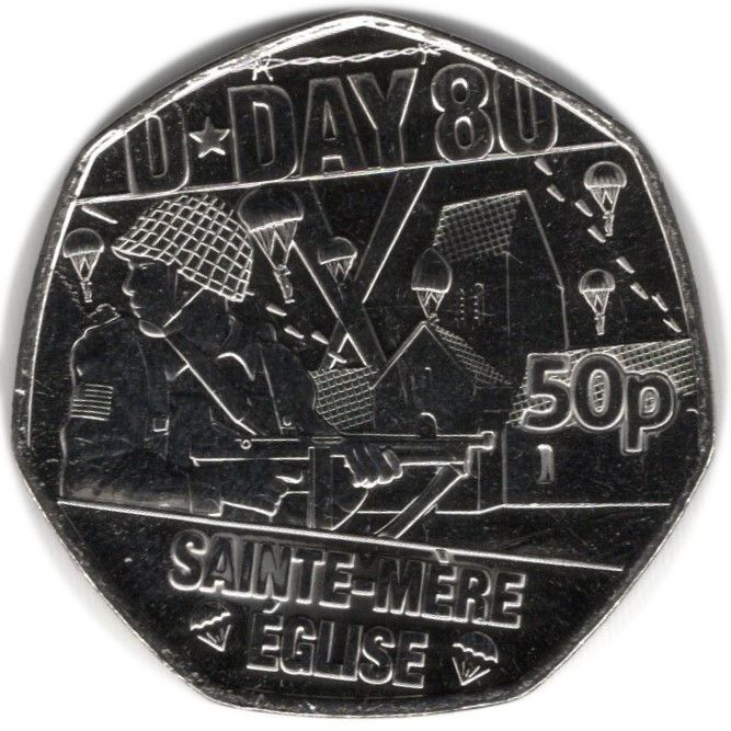 Guernsey 50 Pence - Charles III D-Day - Sainte-Mère Eglise reverse