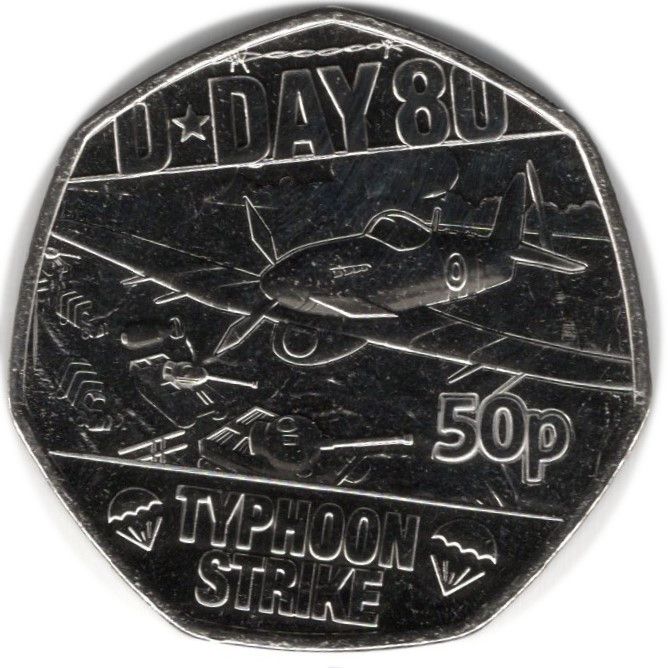 Guernsey 50 Pence - Charles III D-Day - Typhoon Strike reverse