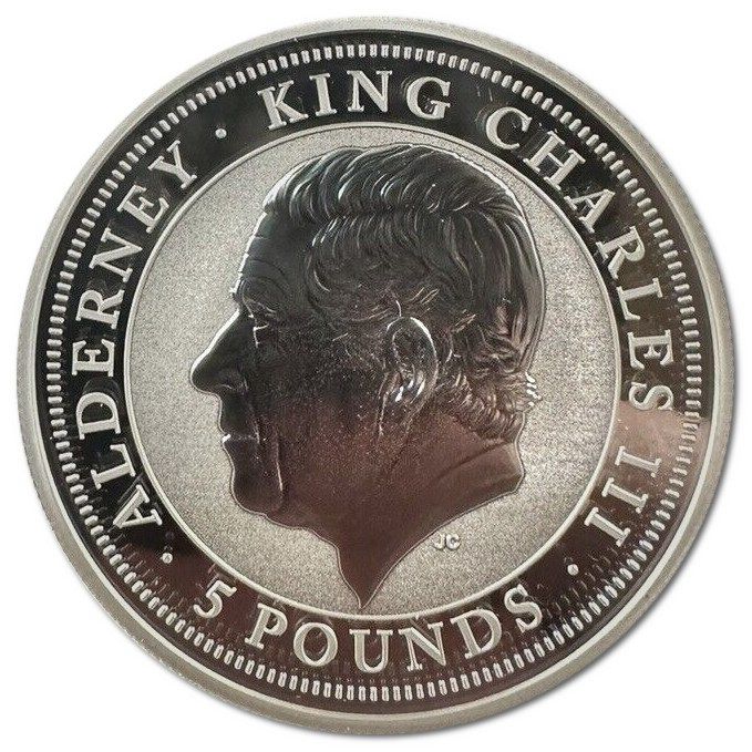 Alderney 5 Pounds - Charles III Bald Eagle; Silver 2oz. obverse