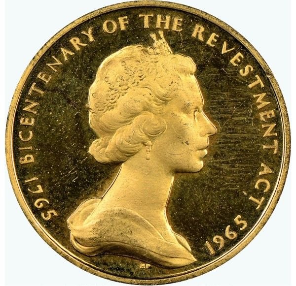 Isle of Man 5 Pounds - Elizabeth II Bicentenary of Revestment Act; Gold Proof 23.5ct obverse