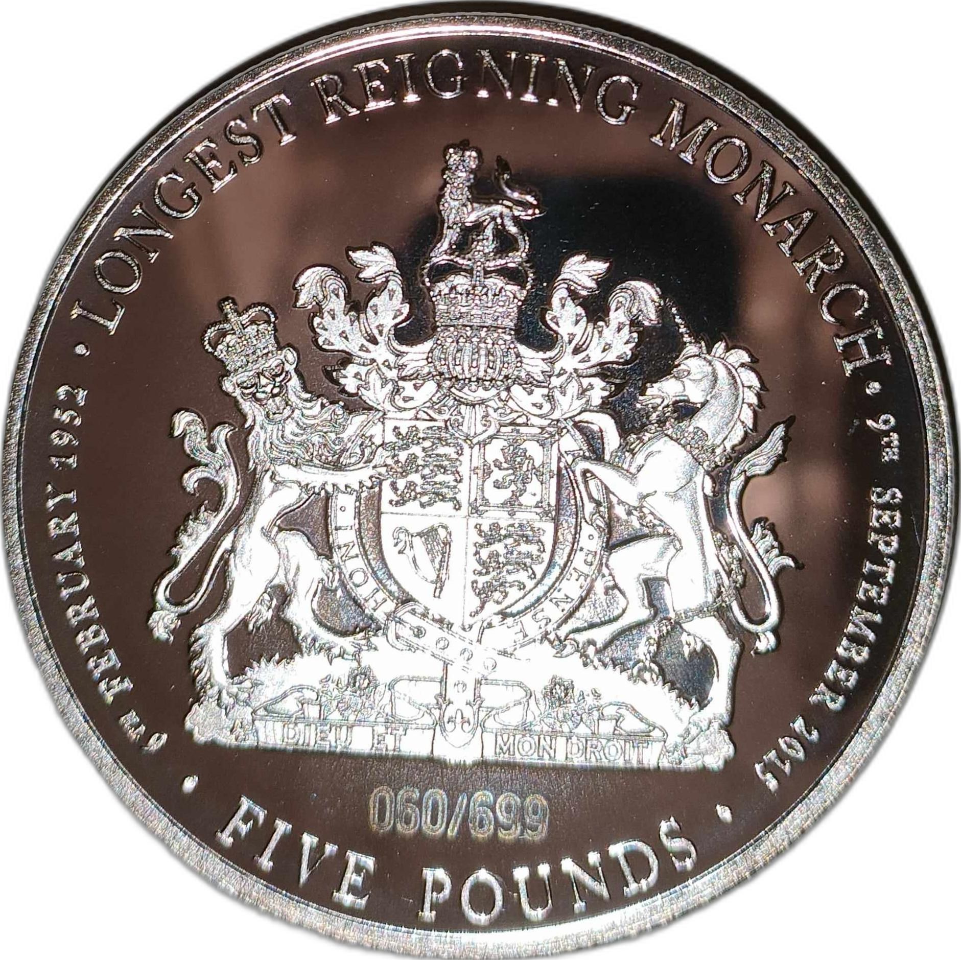 Tristan da Cunha 5 Pounds - Elizabeth II Longest Reigning Monarch reverse