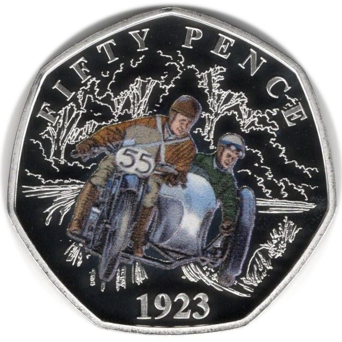 Isle of Man 50 Pence - Charles III The First Sidecar Race; Silver Proof reverse