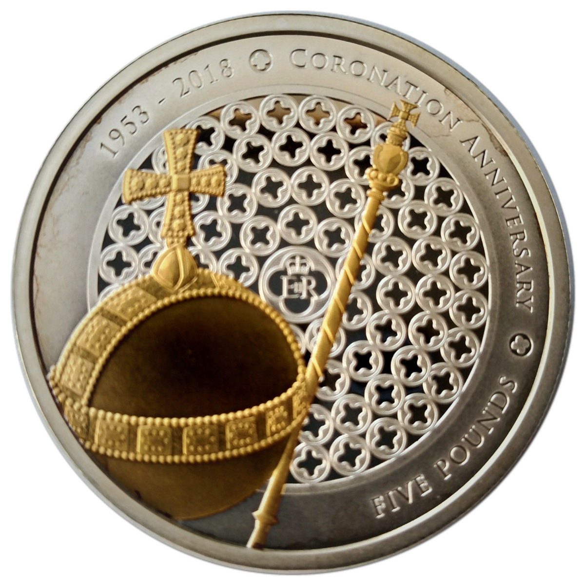 Alderney 5 Pounds - Elizabeth II Sapphire Coronation Jubilee - Orb and Sceptre; Silver plated with gold gild reverse