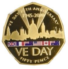 Gibraltar 50 Pence - Elizabeth II VE-Day; Gold Piedfort reverse