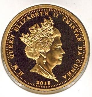 Tristan da Cunha 5 Pounds - Elizabeth II Royal Wedding, Prince Henry of Wales and Meghan Markle; gold plated obverse