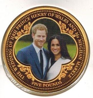 Tristan da Cunha 5 Pounds - Elizabeth II Royal Wedding, Prince Henry of Wales and Meghan Markle; gold plated