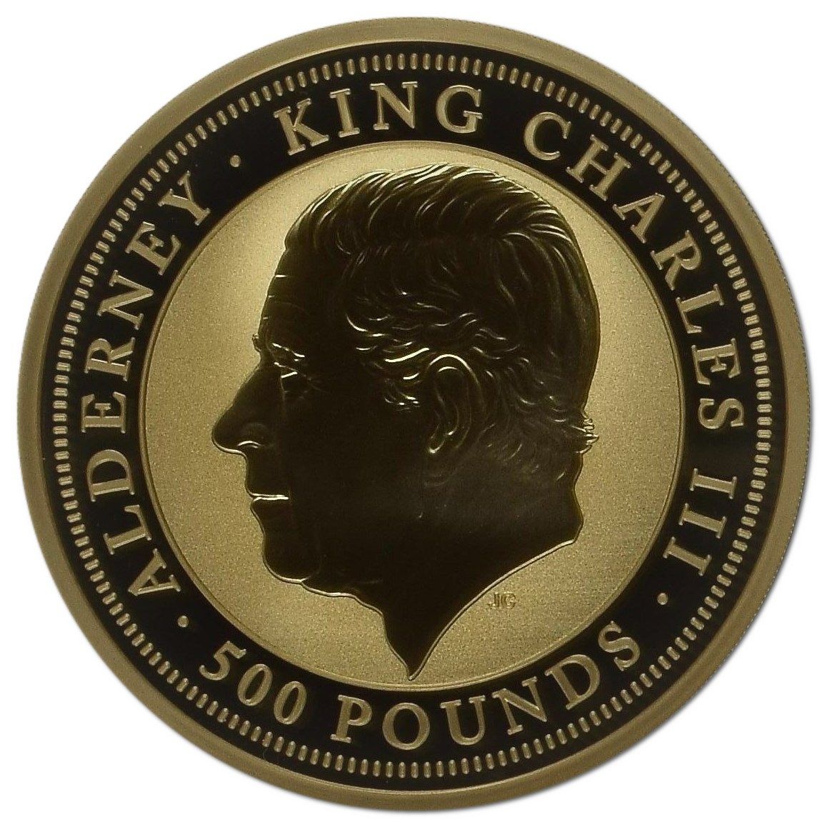 Alderney 500 Pounds - Charles III Bald Eagle; Gold 5oz. obverse