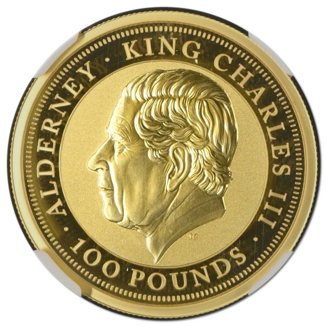 Alderney 100 Pounds - Charles III Bald Eagle; Gold 1oz. obverse