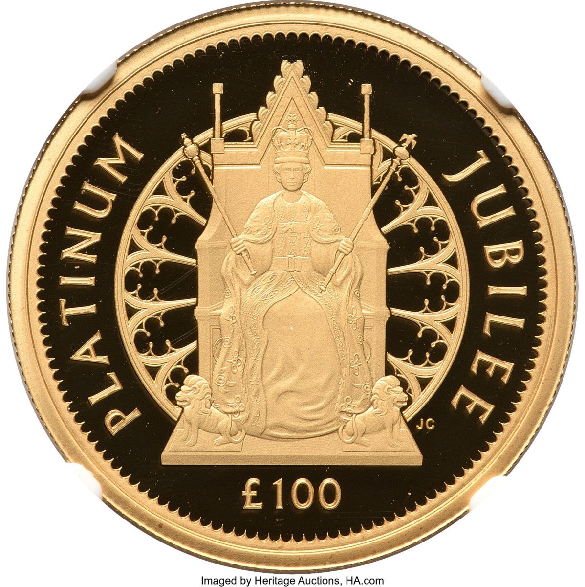 Alderney 100 Pounds - Elizabeth II Platinum Jubilee - Queen on throne; Gold