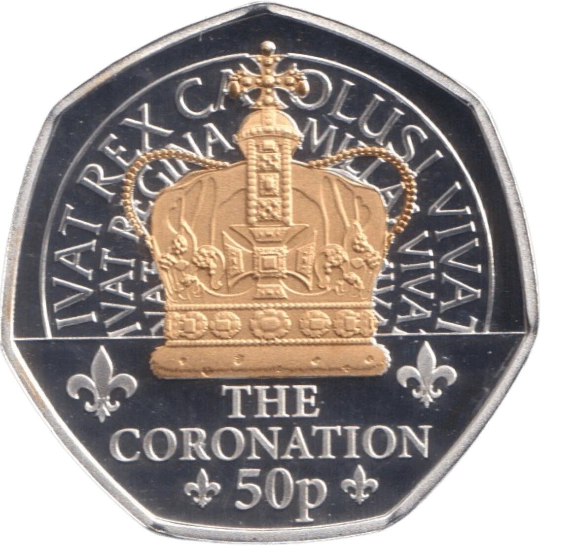 Isle of Man 50 Pence - Charles III King's First Year - Coronation; Silver Proof Gold gilded reverse