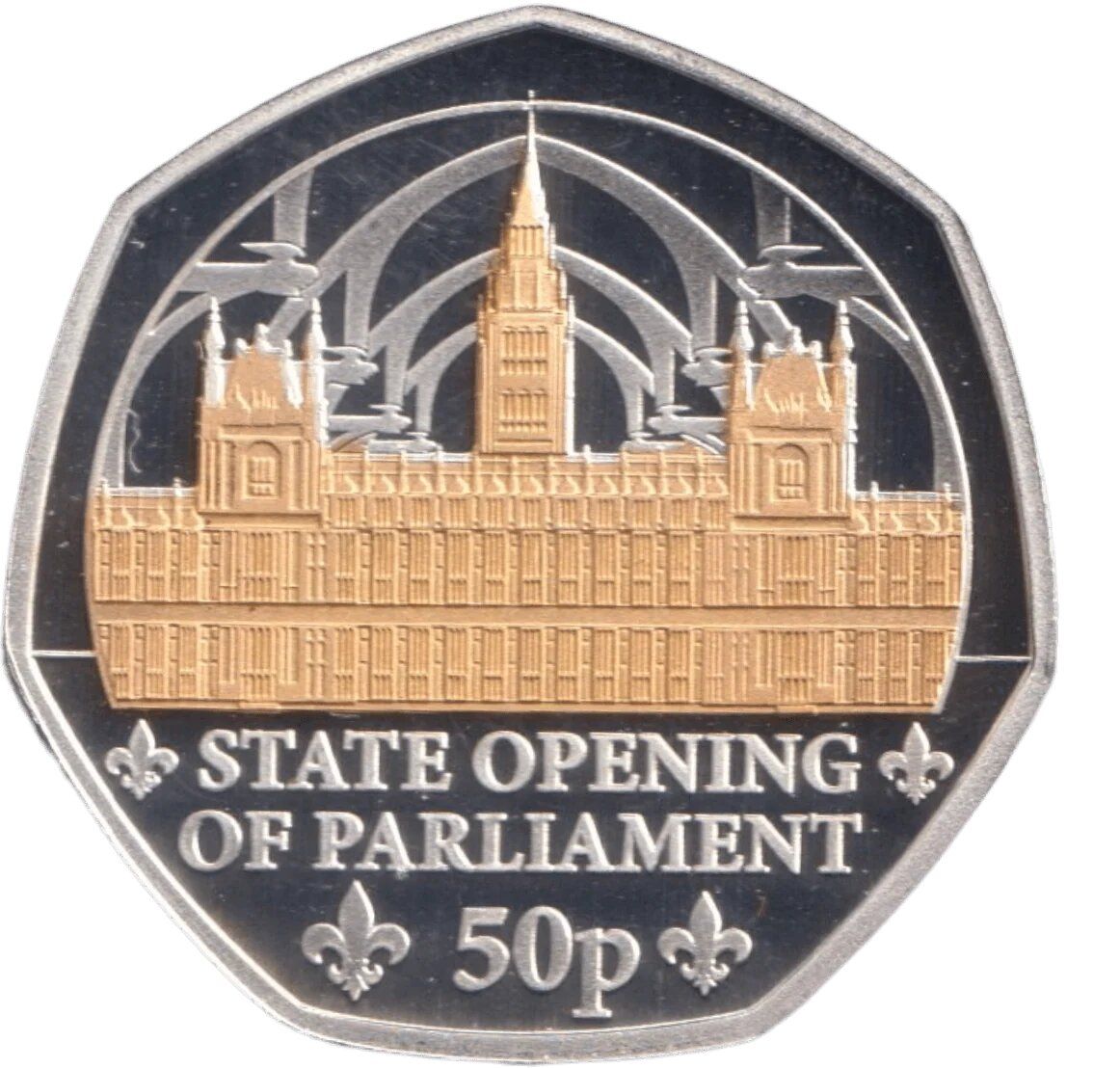 Isle of Man 50 Pence - Charles III King's First Year - State Opening Parliament; Silver Proof Gold gilded reverse