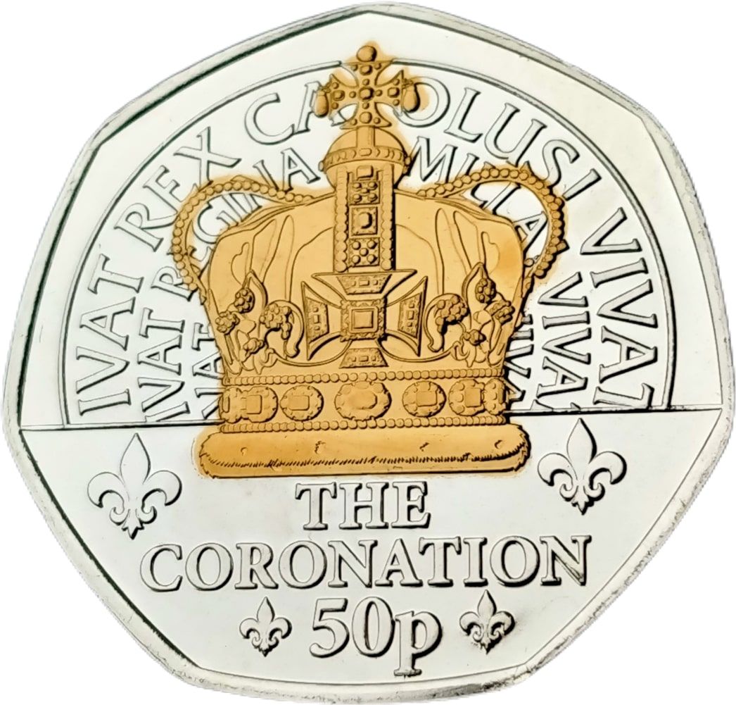 Isle of Man 50 Pence - Charles III King's First Year - Coronation; Silver Plated Gold gilded reverse