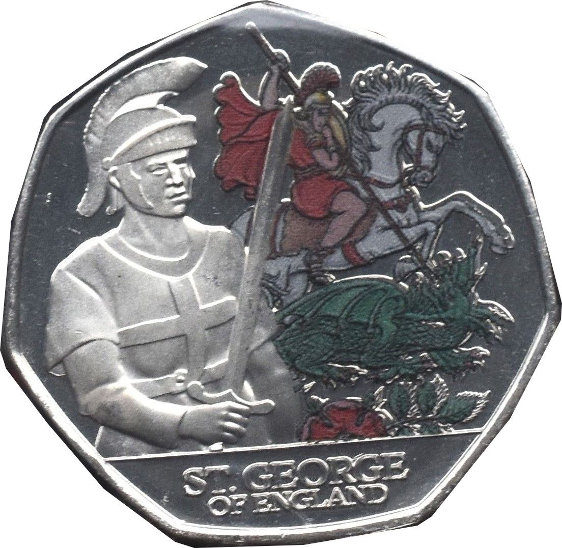 Jersey 50 pence - Charles III Saint George; coloured reverse