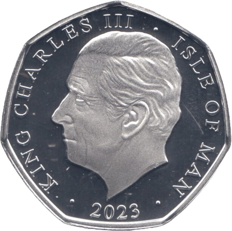Isle of Man 50 Pence - Charles III Anthem - God Save Our Gracious King; Silver Proof Colourised obverse