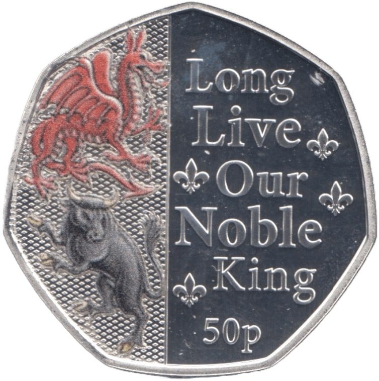 Isle of Man 50 Pence - Charles III Anthem - Long Live Our Noble King; Silver Proof Colourised reverse
