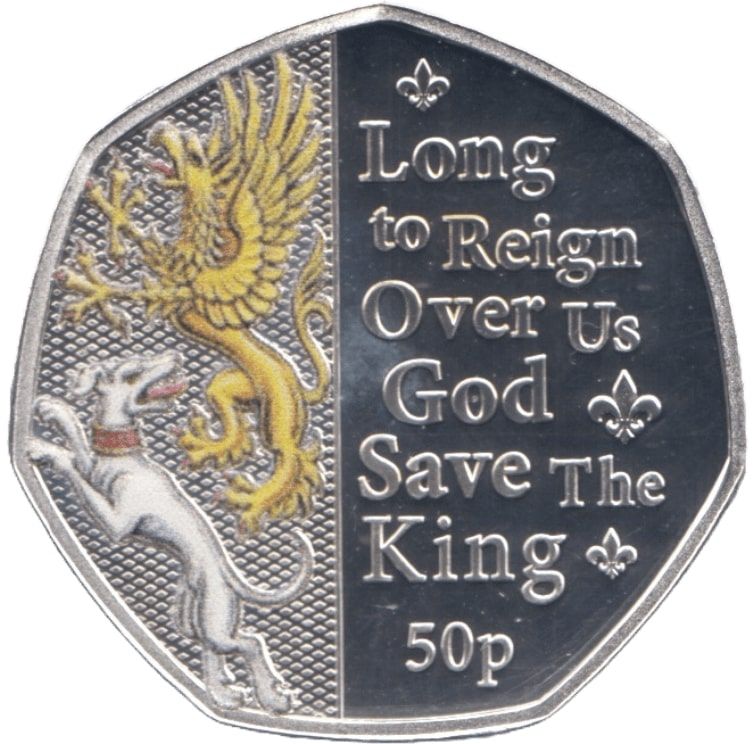 Isle of Man 50 Pence - Charles III Anthem - Long to Reign Over Us; Silver Proof Colourised reverse