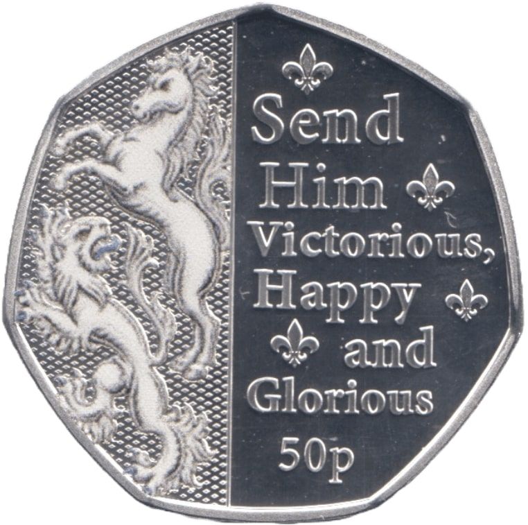 Isle of Man 50 Pence - Charles III Anthem - Send Him Victorious; Silver Proof Colourised reverse