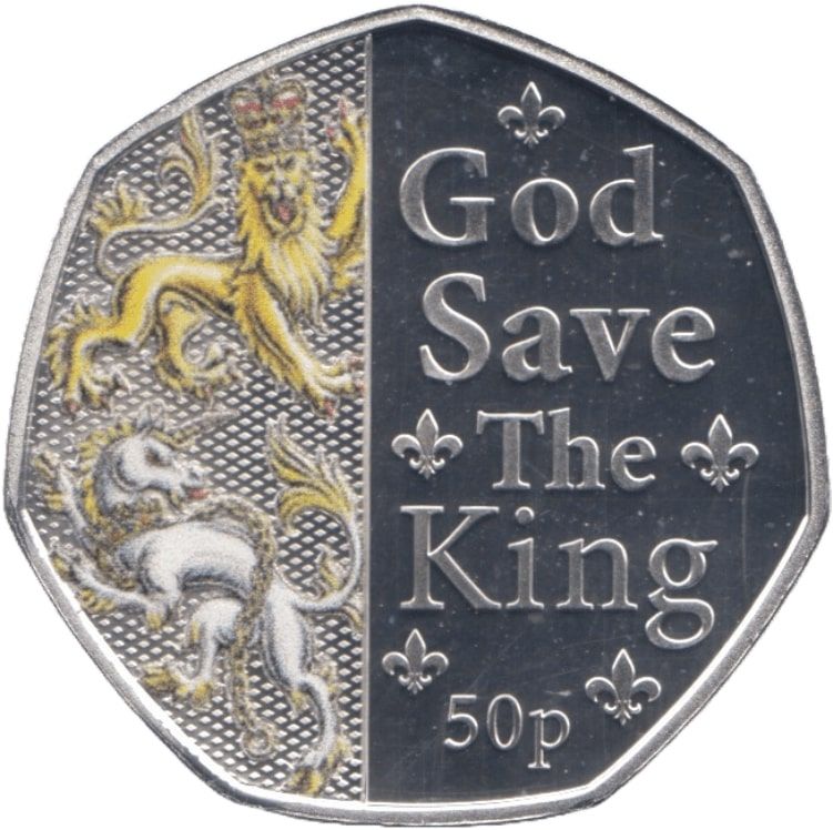 Isle of Man 50 Pence - Charles III Anthem - God Save the King; Silver Proof Colourised reverse
