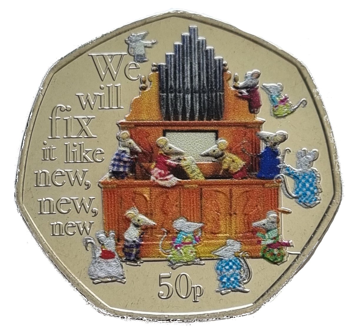 Guernsey 50 Pence - Charles III Mice; Coloured reverse
