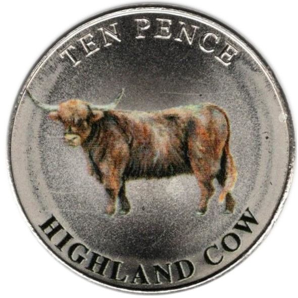 Guernsey 10 Pence - Charles III Highland Cow; Colourised reverse