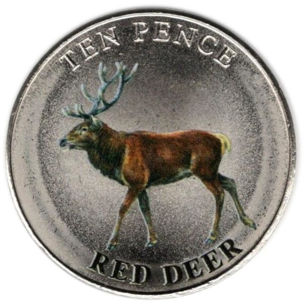 Guernsey 10 Pence - Charles III Red Deer; Colourised reverse