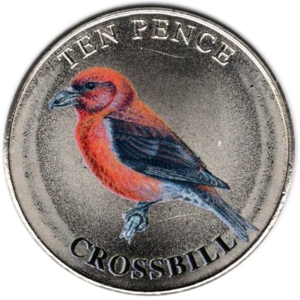 Guernsey 10 Pence - Charles III Crossbill; Colourised reverse