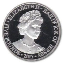 Jersey 5 Pounds - Elizabeth II Longest Reigning Monarch - 1980's Portrait; Silver obverse