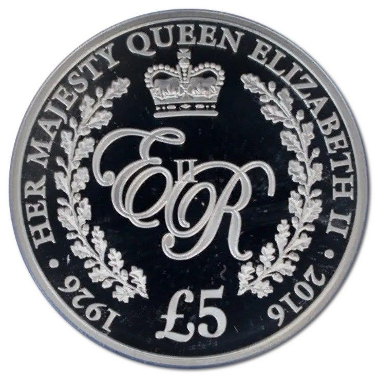 Guernsey 5 Pounds - Elizabeth II 90th Birthday of Queen Elizabeth II; Silver Proof reverse