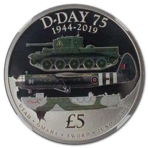 Guernsey 5 Pounds - Elizabeth II 75th anniversary of D-Day; Silver Proof